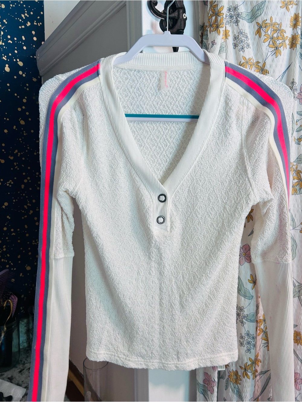 FPM White Long Sleeve Henley Top with Pink & Blue Stripe Detail